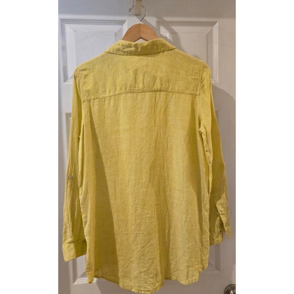 Sigrid Olsen Linen Button Down Shirt Yellow Coastal Preppy Pocket Long Sleeve SM - Picture 4 of 9